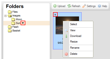 CKFinder context menu with helper arrows