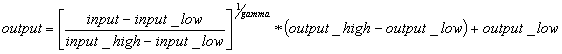 output = [(input - input_low) / (input_high - input_low)]1/gamma (output_high - output_low) + output_low